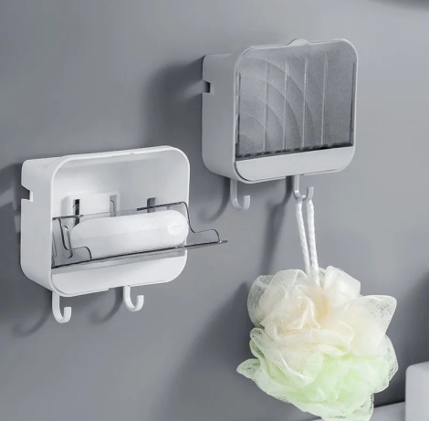 Wall Mounted Drain Soap Dish Holder with Case and Hooks