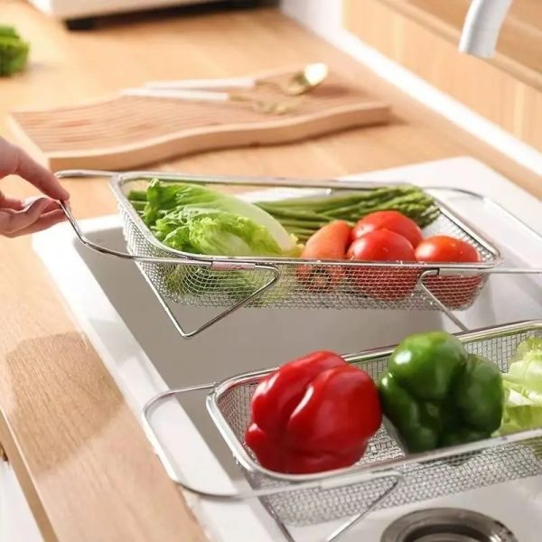 Stainless steel expandable over the sink colander