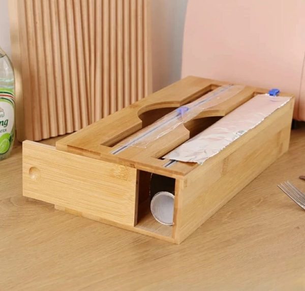 Bamboo kitchen wrap dispenser with foil and cling film cutter