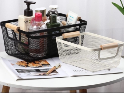 Iron mesh storage baskets with wooden handle