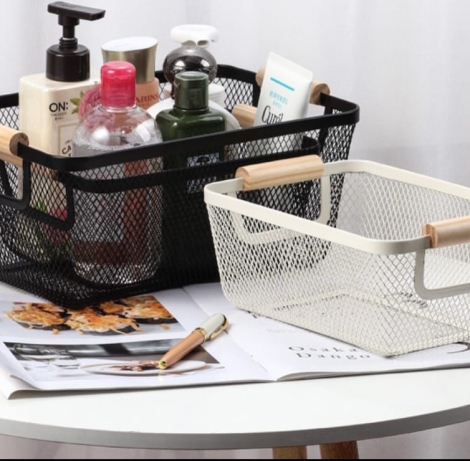 Iron mesh storage baskets with wooden handle