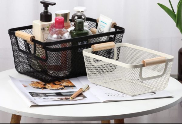 Iron mesh storage baskets with wooden handle